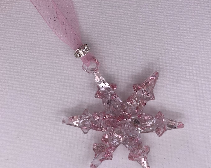 Sparkle Princess Pink Star Christmas Snowflake Ornament made from Recycled Glass
