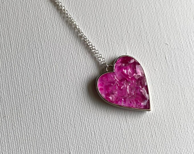Bright Pink Perfectly Imperfect Heart Necklace - Made from Recycled Glass - Barbiecore