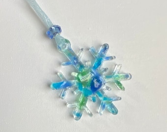Coastal Snowflake Ornament made from Sea Glass and Recycled Glass