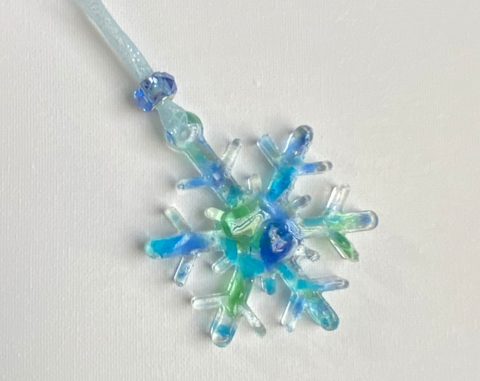 Coastal Snowflake Ornament made from Sea Glass and Recycled Glass