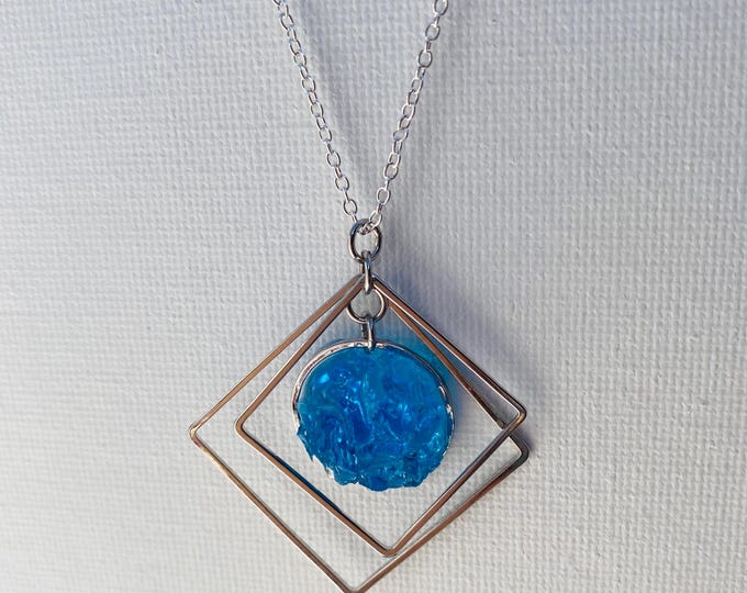 Teal Floating Diamonds Recycled Glass Silver Necklace