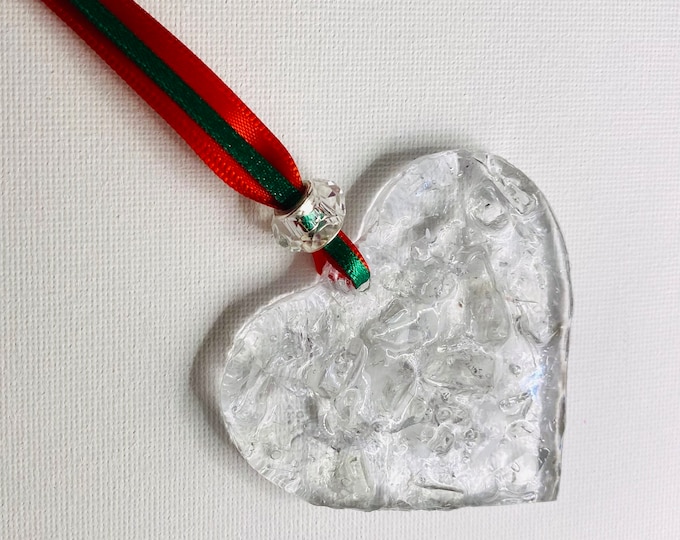 Christmas Red & Green Perfectly Imperfect Heart Ornament made from Recycled Glass