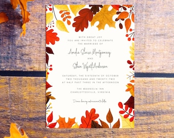 Rustic Autumn Leaves Fall Wedding Invitation, Printable, 5x7 Digital Download