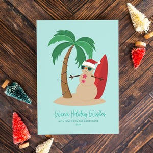 Warme Urlaub wünscht Strand Schneemann digitale Weihnachtskarte, illustrierte Weihnachten druckbare flache Karte, 5 x 7 digitaler Download