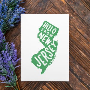Postal imprimible con letras a mano "Hola desde Nueva Jersey", descarga digital de tarjeta plana