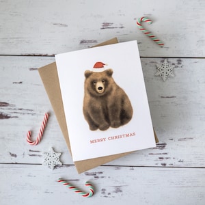 Merry Christmas Bear Cub Card | Cute Brown Bears Holiday Card | A2 Size Card