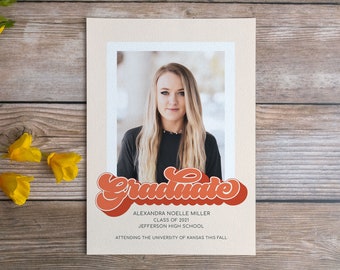 Retro Vibes Single Photo Digital Graduation Announcement | Printable Grad Announcement | 5x7 Digital Download