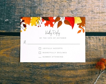 Rustic Autumn Leaves Fall Wedding Response Card, RSVP Card, Printable, 3.5x5 Digital Download