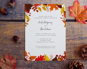 Rustic Autumn Leaves Fall Wedding Rehearsal Dinner Invitation, Printable, 5x7 or 4x6 Digital Download