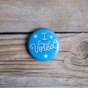 Blue Script I Voted Pinback Button, 1 Inch Pin