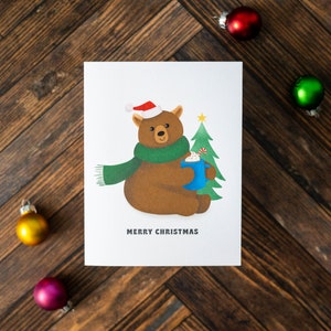 Merry Christmas Bear Card | Cute Brown Bear in Hat and Scarf Holiday Card | A2 Size Card