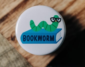 Bookworm Pinback Button | 1.25 Inch Pin | Button for Readers