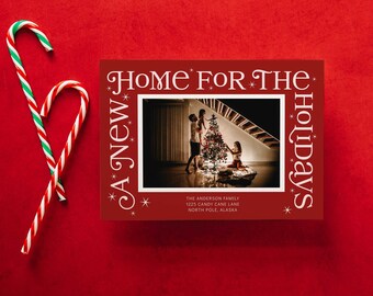 Red A New Home for the Holidays Card | Single Photo Christmas Printable Flat Card | 5x7 Digital Download