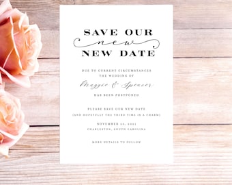 Save Our New New Date Wedding Postponement Announcement, Change the Date Card, Printable, 5x7 Digital Download