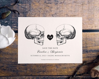 Vintage Skulls Halloween Wedding Save the Date Card, 5x7 Printable Announcement, Digital Download