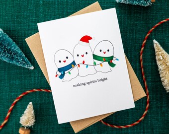 Making Spirits Bright Christmas Card | Cute Ghost Holiday Card | A2 Size Card