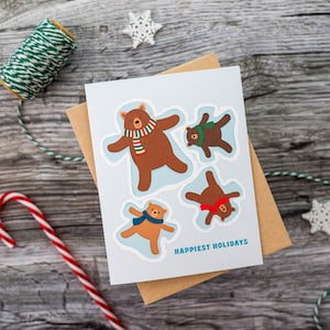 Happiest Holidays Bear Snow Angels Card | Cute Brown Bear Family Holiday Card | A2 Size Card