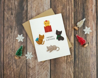 Box Set of Five Merry Catmas Christmas Greeting Cards | Cute Cats Holiday Card | A2 Size Card