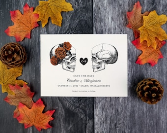 Vintage Skulls Halloween Wedding Save the Date Card, 5x7 Printable Announcement, Digital Download