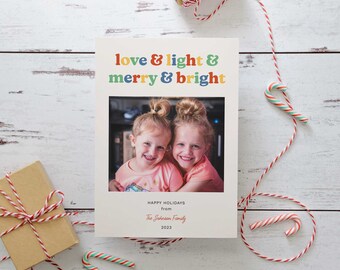 Vertical Love and Light and Merry and Bright Digital Holiday Card | Single Photo Holiday Printable Flat Card | 5x7 Digital Download