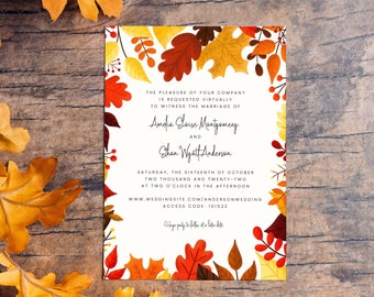 Rustic Autumn Leaves Fall Virtual Wedding Invitation, Printable, 5x7 Digital Download