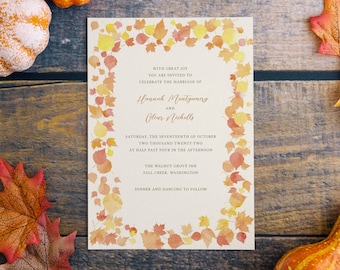 Watercolor Autumn Leaves Fall Wedding Invitation, Printable, 5x7 Digital Download