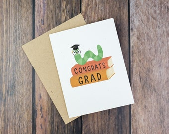 Book Worm Graduation Card | Congrats Grad Card | Card for Graduates | Cute Graduation Card | A2 Size Card