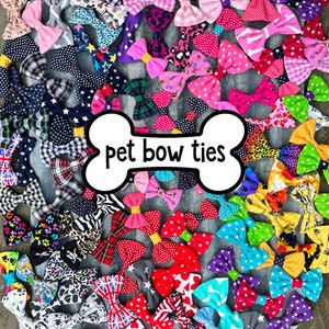 Doggy and moggy bow ties/ loads of cute designs/3 sizes/ fits over pet's collar with 2 broad elastic loops/ fast delivery