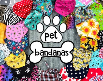 Doggy & moggy bandanas/ 2 styles -tie around neck/or slip over collar/ 5 sizes/ loads of super fun prints/ UK handmade to order in 24 hours