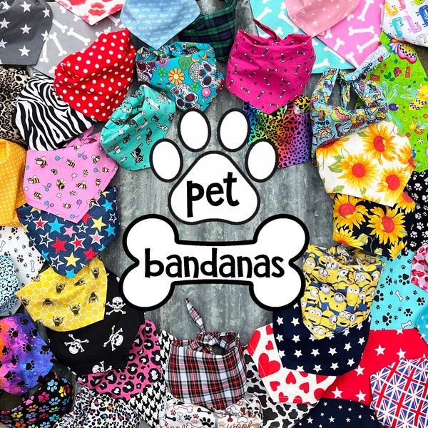 Doggy & Moggy Bandanas / 2 Styles -um den Hals gebunden oder über den Kragen gezogen / 5 Größen / jede Menge super lustiger Drucke / UK handgefertigt, um in 24 Stunden zu bestellen