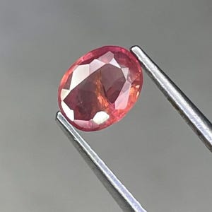 May include: An oval-cut, reddish-orange gemstone is held by a pair of silver tweezers. The gem has facets that catch the light, creating a sparkling effect. The background is a soft, blurred gray.