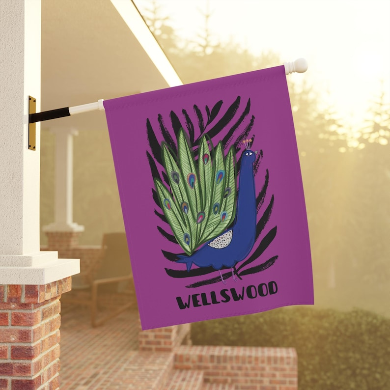 Wellswood Peacock Garden Flag, Double-Sided Poly Poplin-Canvas House Flag 12X18 and 24.5 X32 image 1