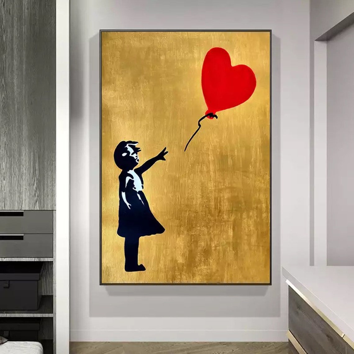 Banksy Girl With Balloon in Gold Color Graffiti 100 Hand Etsy