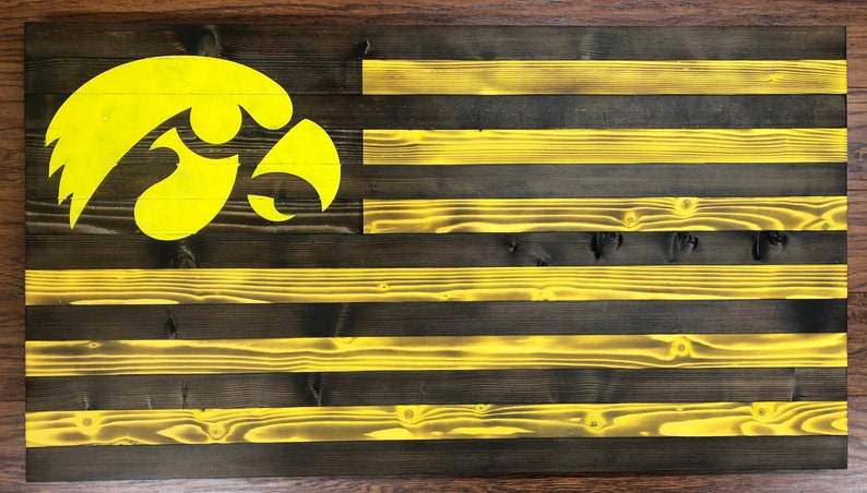 Rustic Flag Painted logo Torch Burned Made in the USA 19.5 x 37 Hand crafted wooden Iowa flag