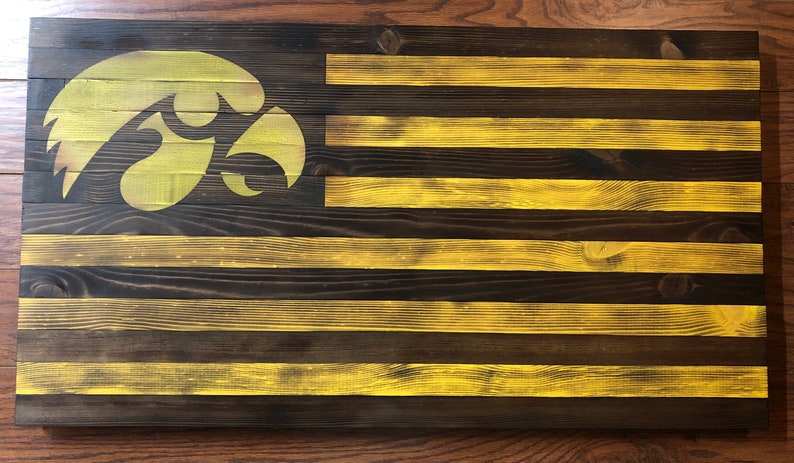 Rustic Flag Painted logo Torch Burned Made in the USA 19.5 x 37 Hand crafted wooden Iowa flag