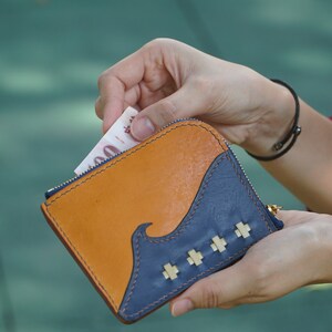 Billetera en forma de L de bambú, billetera en forma de L de cuero, mini billetera en forma de L, billetera pequeña en forma de L, billetera de moneda en forma de L, billetera zip en forma de L