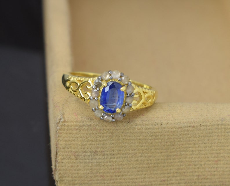 wedding ring Engagement ring, Kyanite Ring Pave Diamond Ring 925 Sterling Silver
