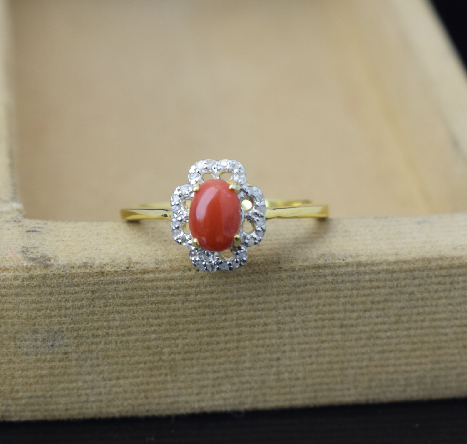 Red coral ring engagement ring Pave Diamond Ring Victorian Etsy