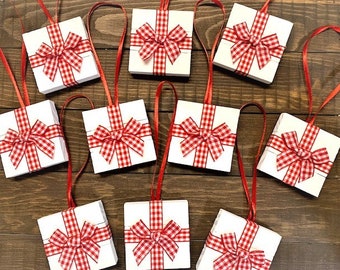 Christmas Ornament Wood Ornaments Farmhouse Ornaments Red Checkered White Ornament