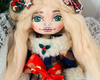 Рождественская кукла, рождественская девочка, рождественский подарок, художественная кукла, коллекционная кукла, кукла ручной работы