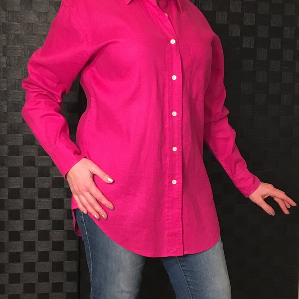 Ralph LAUREN fuchsia long-sleeved, button-front "big shirt" * Wear alone, as a 2nd layer, belted, tied in front... fits a variety of shapes