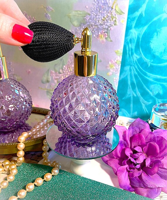 Quilted glass round PURPLE bottle * Choose atomizer color! Uses: perfume, room/linen spray, or to spritz cocktails!  4 inches tall; 3 ounces View 6