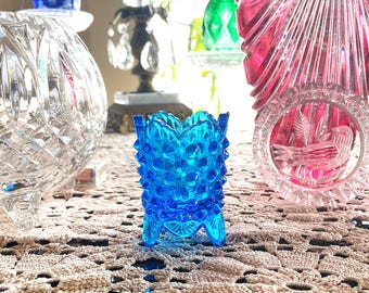 PERFECT small glass vessel - lovely Fenton Colonial Blue (aqua); Q-tip holder, match holder, open sugar vessel, toothpick holder. Flawless!