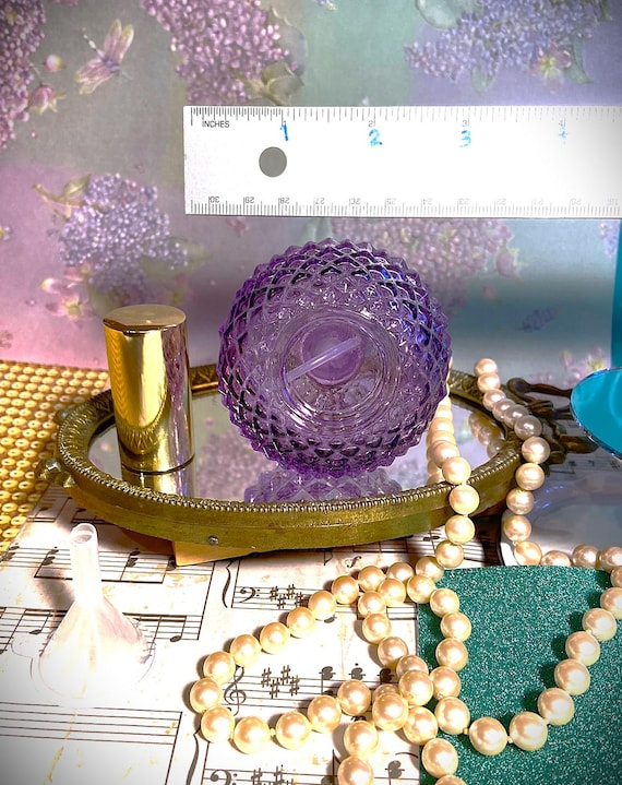 Quilted glass round PURPLE bottle * Choose atomizer color! Uses: perfume, room/linen spray, or to spritz cocktails!  4 inches tall; 3 ounces View 4