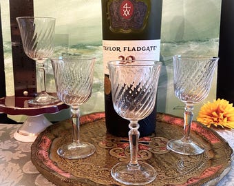 SET/4 cordials in swirled vintage glass * Universal look; blends with any setting! 4 inches tall, almost 2 inches wide at mouth.