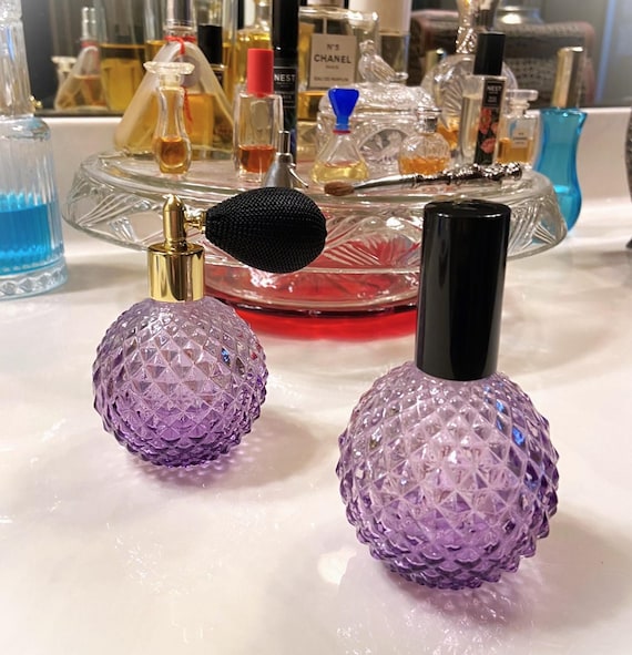 Quilted glass round PURPLE bottle * Choose atomizer color! Uses: perfume, room/linen spray, or to spritz cocktails!  4 inches tall; 3 ounces View 2