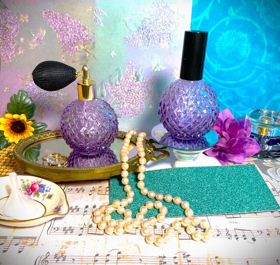 Quilted glass round PURPLE bottle * Choose atomizer color! Uses: perfume, room/linen spray, or to spritz cocktails!  4 inches tall; 3 ounces View 5