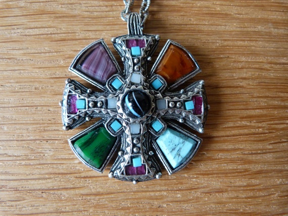 1960s Britain Miracle Celtic Crucifix Brown Faux Agate Glass Stone Brooch Pewter Pendant