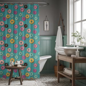 Bunt illustrierter Donut-Muster Duschvorhang - Süßes Badezimmer Dekor für Frühling und Sommer