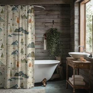 Naturinspirierter topografischer Karten-Duschvorhang: Rustikales Camping Forest Design für Badezimmerdekor